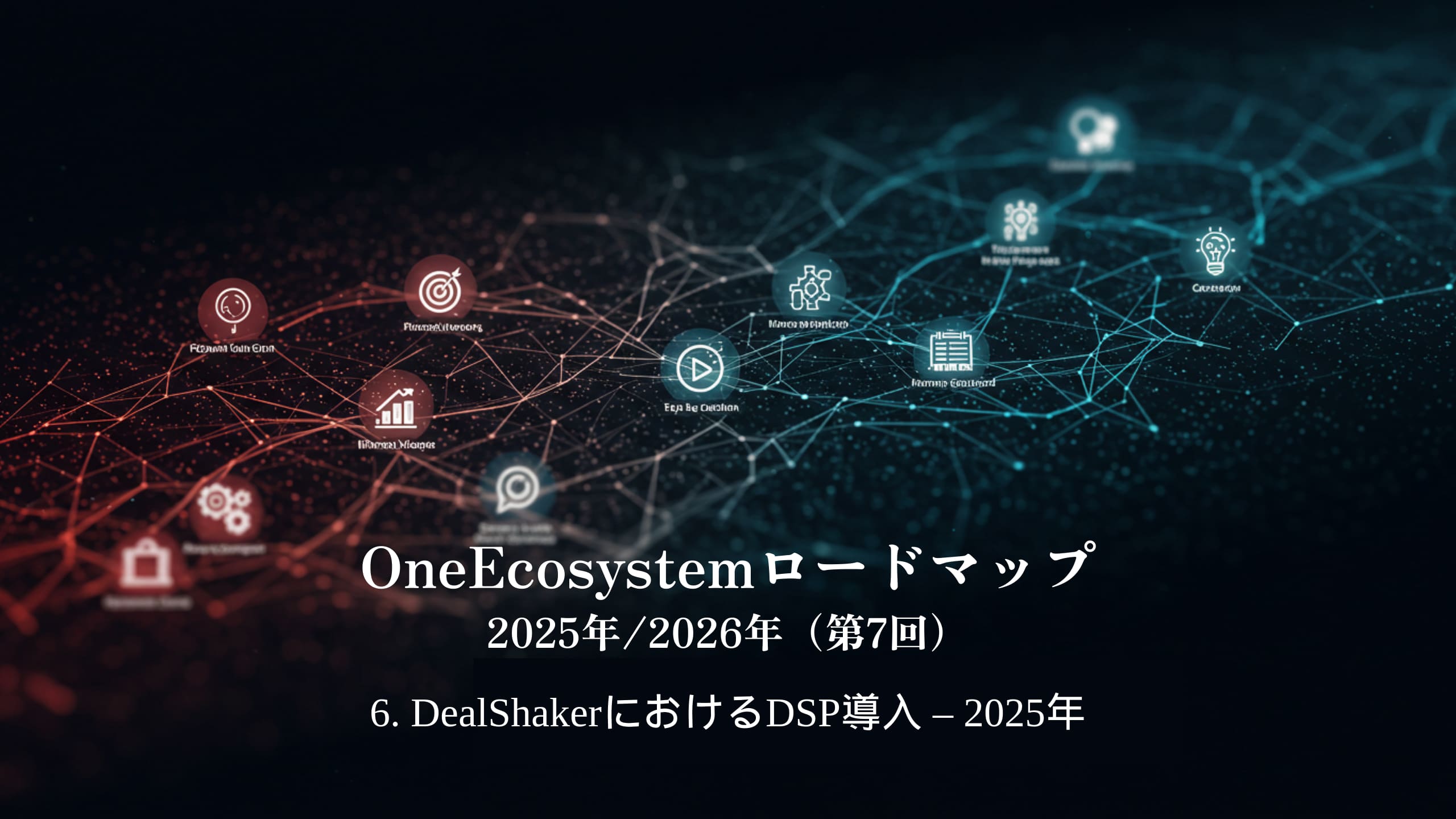 การไล่ระดับสีน้ําเงินและสีแดงทําให้ข้อความภาษาญี่ปุ่นโดดเด่น: "OneEcosystem Roadmap 2025/2026 (ครั้งที่ 7)6. การใช้งาน DSP ใน DealShaker - 2025